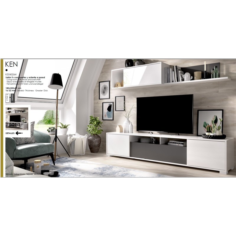 Mueble de salón modelo ken en color blanco brillo y grafito Mueble de salón modelo ken en color blanco brillo y grafito