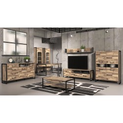 COMPOSICION INDUSTRIAL, COMPUESTA POR BUFFET CON LEDS, MODULO TV Y ESTANTE DE COLGAR.