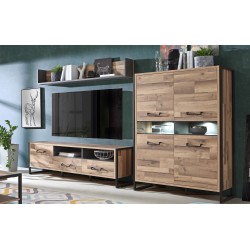 COMPOSICION INDUSTRIAL, COMPUESTA POR BUFFET CON LEDS, MODULO TV Y ESTANTE DE COLGAR.