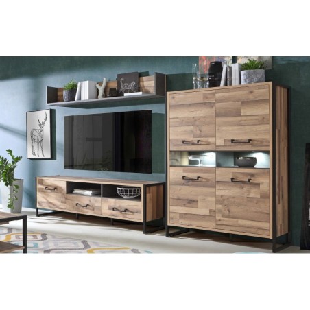 COMPOSICION INDUSTRIAL, COMPUESTA POR BUFFET CON LEDS, MODULO TV Y ESTANTE DE COLGAR.