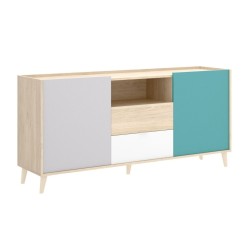 Aparador modelo nova 2 puertas 2 cajones, natural, gris, esmeralda y blanco