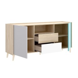 Aparador modelo nova 2 puertas 2 cajones, natural, gris, esmeralda y blanco